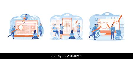 Search engine answering users questions. Search engine optimization. Website ranking, advertising, strategy idea. Set flat vector modern illustration Stock Vector