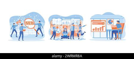 Search Engine Optimization or Social media. Internet search optimization. Works at laptop. Set flat vector modern illustration Stock Vector