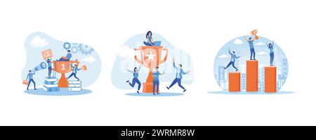 Success team concept. People near the trophy celebrating achieving success. People standing on the podium rank first three places, jumps in the air wi Stock Vector