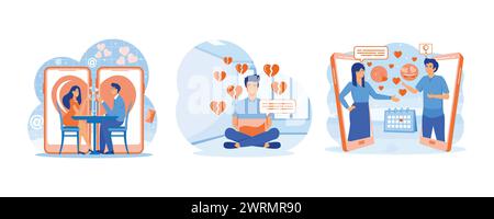 Online dating concept. Aggressive man sits cross-legged with a cell phone with broken hearts. Texting messages chatting via online video call in mobil Stock Vector