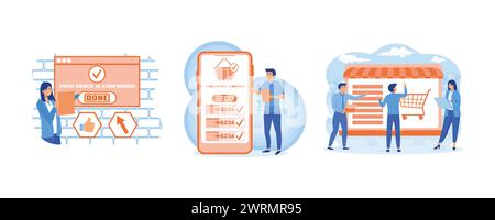 Order confirmed concept. Happy young man gets Confirmation of online order on smart phone. Online internet shopping sale buy purchase process. Set fla Stock Vector