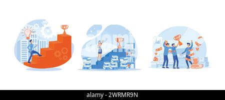 Business Idea. Business Woman climbing ladder to golden trophy. Success and professional achievement. Set flat vector modern illustration Stock Vector