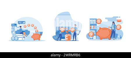Family couple saving money. A young woman works at a laptop to study and fulfill financial savings. Finance management services and applications. Set Stock Vector