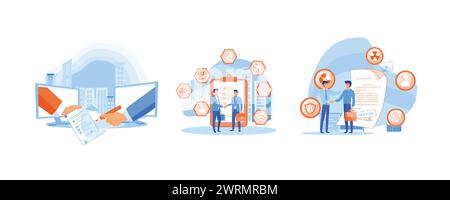 People signing paper and digital. Business people standing on a signed contract. Agreement. Set flat vector modern illustration Stock Vector