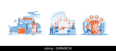 Financial transactions. Money transfer. Successful transaction. Set flat vector modern illustration Stock Vector