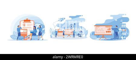 Financial management. People work together making a plan on a board. Business planning, management, organization, success strategy. Set flat vector mo Stock Vector