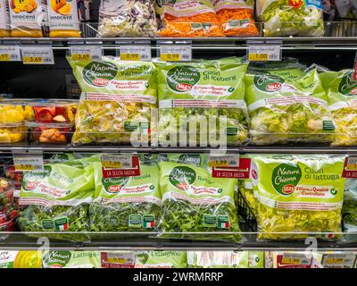 Italy - March 13, 2024: Salad cut, cleaned and packaged in bags for sale in Italian supermarket, lettuce, arugula and raw radicchio ready to eat in Se Stock Photo