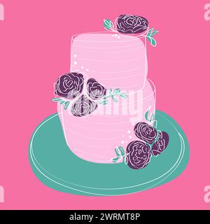 A two-tiered cake with intricately hand-painted doodle designs and topped with vibrant roses. The cake is beautifully decorated and perfect for a special occasion or celebration Stock Vector