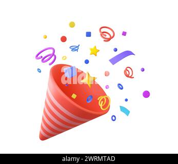 3D Party popper with explosion confetti. Birthday surprise. Firecracker with serpentine. Holiday and event celebration. 3d rendering. Vector illustrat Stock Vector