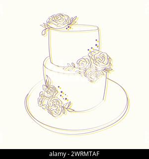 A hand-drawn illustration of a wedding cake adorned with delicate roses, showcasing intricate details and elegant design. The focus is on the artistry of the cake Stock Vector