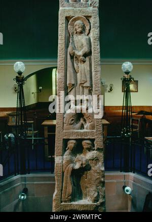 An early C8th Anglian preaching & teaching cross placed in the sunken-floored apse of Ruthwell Parish Church, Dumfries and Galloway, Scotland, UK. Stock Photo