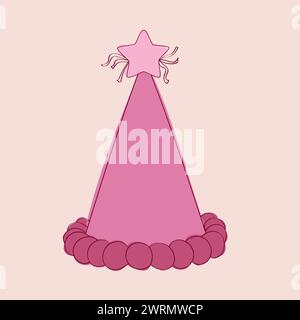A doodle hand-painted pink party hat with a star on top. The hat is whimsical and festive, perfect for adding color and fun to any celebration Stock Vector