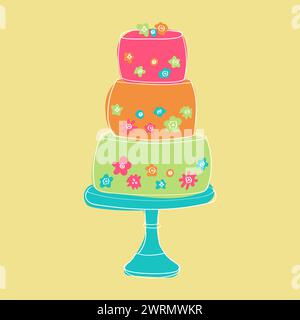 A three-tiered cake adorned with colorful flowers on each layer. The flowers are hand-painted in a doodle style, adding a whimsical touch to the cake design Stock Vector