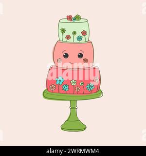 A three-tiered cake decorated with colorful flowers on top. The cake layers are beautifully frosted and each tier is adorned with delicate floral decorations Stock Vector