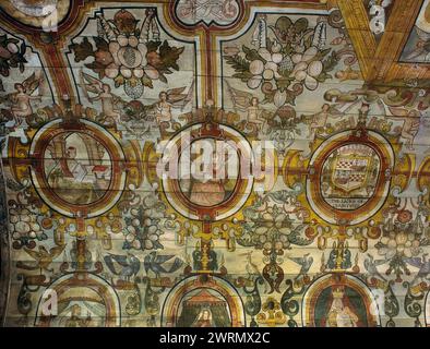 North side of the west end of the C17th (1636) Renaissance-style painted timber ceiling of St Mary's Church, Grandtully, Perthshire, Scotland, UK. Stock Photo