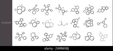A set of molecular models on a white background. A collection of icons of atoms, molecules, and chemical structures. Stock Vector