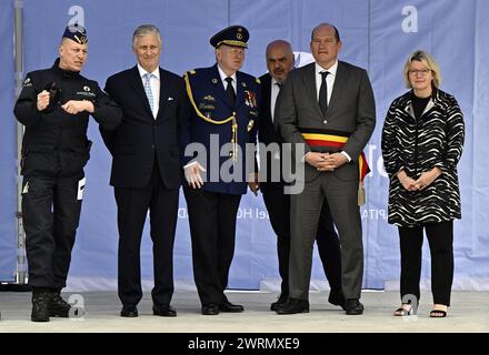 Brussels, Belgium. 13th Mar, 2024. An unidentified man, King Philippe - Filip of Belgium, Michel Goovaerts, Ixelles-Elsene mayor Christos Doulkeridis, Bruxelles-Brussel mayor Philippe Close and Safe Brussels director-general Sophie Lavaux pictured during a royal visit to the 'POLBRU CADETS' youngsters project of the Brussels Capital Ixelles police zone, Wednesday 13 March 2024 in Brussels. In the project, 15 to 17-year-olds get a taste of the various aspects of police work. BELGA PHOTO ERIC LALMAND Credit: Belga News Agency/Alamy Live News Stock Photo