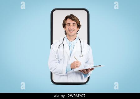 Digital health concept with male doctor on smartphone screen Stock Photo