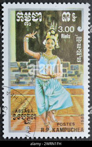 Cancelled postage stamp printed by Cambodia, that shows Absara, Cambodian traditional dance, circa 1985. Stock Photo