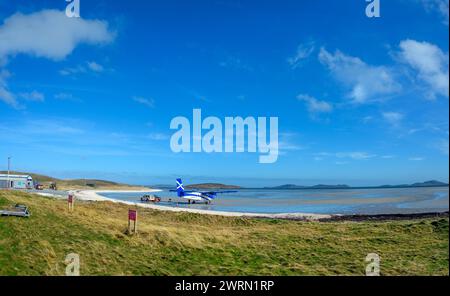 Plane on the sands at Barra Airport, Isle of Barra, Outer Hebrides, Scotland, UK Stock Photo