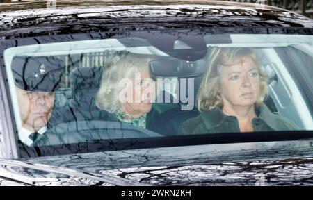 London, UK. 13th Mar, 2024. *** EXCLUSIVE *** SPECIAL RATES APPLY *** 13/03/2024. London, UK. Queen Camilla (centre) is seen being driven from Clarence House in Westminster, central London. King Charles III, who is currently being treated for cancer, missed the recent Commonwealth Day service at Westminster Abbey. Photo credit: Ben Cawthra/Sipa USA **NO UK SALES** Credit: Sipa USA/Alamy Live News Stock Photo