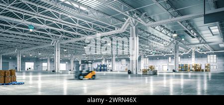 Wide-angle view of a spacious, well-lit warehouse with forklift in motion blur. 3d render Stock Photo