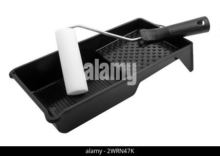 Painting foam roller and black plastic tray isolated on white background Stock Photo