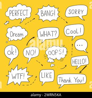 Vector set of speech bubbles in comic style. Hand drawn set of dialog windows with phrases: Perfect, Bang, What, Cool, WTF, hello, oops Stock Vector