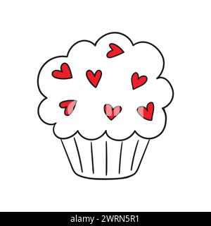 Happy Valentine's Day. Hand drawing vector illustration doodle style. Illustration of a cupcake with cream and sprinkles in the shape of hearts. Vecto Stock Vector