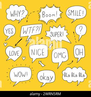 Vector set of speech bubbles in comic style. Hand drawn set of dialog windows with phrases: Why, Boom, Nice, Omg, Super, Bla,Bla, bla, Oh, Love, Wow Stock Vector