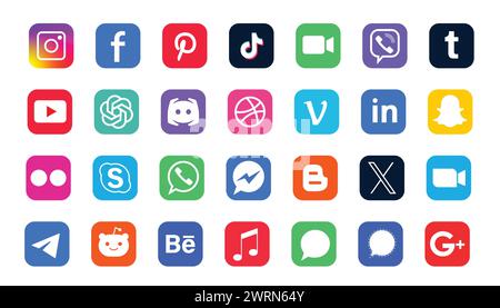 Kyiv, Ukraine - February 12, 2024. Set of social media logo on white background. Social media logo collection. Stock Vector