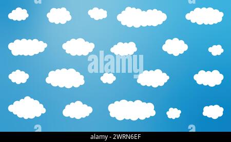 Set of cartoon cloud in a flat design. White clouds cartoon shape drawing flat style on blue sky abstract background Stock Vector