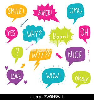 hand drawn background Set of cute speech bubble with text in doodle style Stock Vector