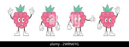Retro trendy cartoon fruit characters. Modern cute comic mascot of strawberries with happy smile face, hands and feet. Stock Vector