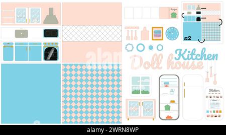 Kitchen. Design layout for creating a kitchen in a dollhouse. Stickers for three-dimensional models. Kitchen furniture and kitchen stuff. Stock Vector