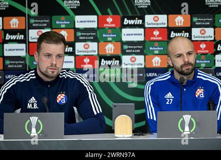 Solun, Hrvatska. 13th Mar, 2024. Player of GNK Dinamo Zagreb Josip Misic speaks on a press conference at Toumba Stadion on 13. March 2024. in Solun, Greece ahead of the return match of the 1/8 finals of the UEFA Conference League between PAOK and GNK Dinamo. Photo: Marko Lukunic/PIXSELL Credit: Pixsell/Alamy Live News Stock Photo