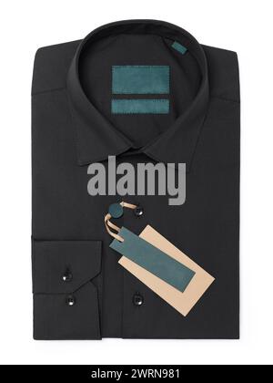 Black folded long sleeved men's shirt isolated on white background, top view, template for designer Stock Photo