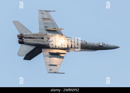 Radom, Poland - August 27, 2023: Finnish Air Force Boeing F-18 Hornet fighter jet plane flying. Aviation and military aircraft. Stock Photo
