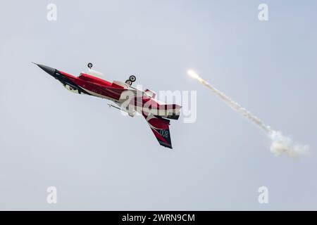 Radom, Poland - August 27, 2023: Royal Danish Air Force Lockheed F-16 Fighting Falcon fighter jet plane flying. Aviation and military aircraft. Stock Photo