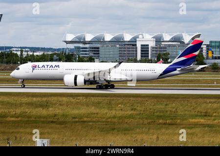 Munich / Germany - July 11, 2017: Qatar Airways (LATAM) Airbus A350-900 A7-AMD passenger plane departure and take off at Munich Airport Stock Photo
