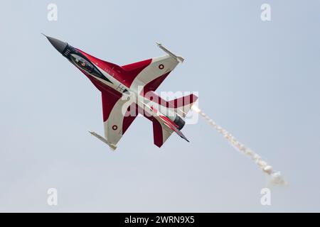 Radom, Poland - August 27, 2023: Royal Danish Air Force Lockheed F-16 Fighting Falcon fighter jet plane flying. Aviation and military aircraft. Stock Photo