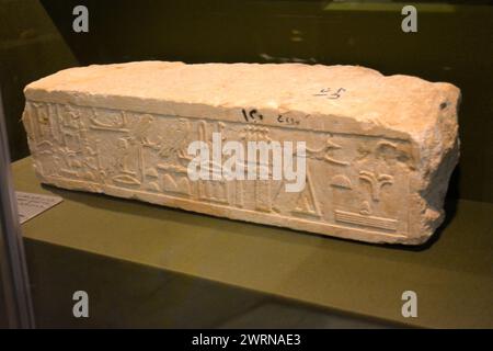 Cairo, Egypt, January 7 2023: Part of limestone material, with inscriptions demonstrating the duty of the army commander in ancient Egypt kingdom era, Stock Photo