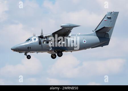 FAIRFORD / UNITED KINGDOM - JULY 12, 2018: Slovenian Air Force Let L-410UVP-E L4-01 transport plane arrival and landing for RIAT Royal International A Stock Photo