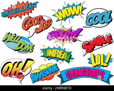 Collection of complementary or expressive words in a retro comic book style Stock Vector