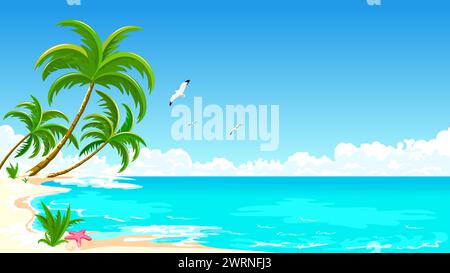 Sea tropical landscape. Sandy Beach with palm trees. Seacoast with palm trees, blue sky, and white clouds. Palm trees against the background of the se Stock Vector
