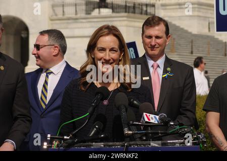 Washington, DC, USA. 13 Mar 2024. U.S. Rep. Mikie Sherrill (D-NJ) speaks to the press outside the Capitol at a Vote Vets event in support of continued U.S. funding for Ukraine. Credit: Philip Yabut/Alamy Live News Stock Photo