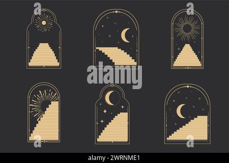 Set arch window line frame celestial, mystic with staircase, astrology symbols moon and sun, line border, minimal tattoo isolated. Esoteric spiritual icon. Vector illustration Stock Vector