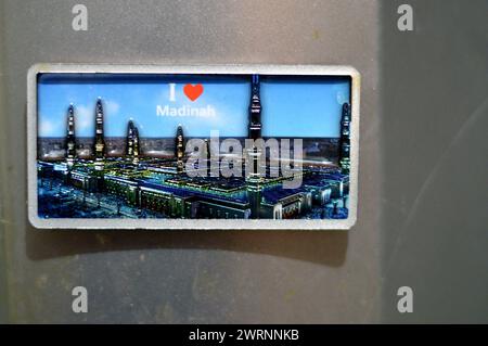 Medina fridge magnet in the shape of the Prophet's Mosque, refrigerator magnet of Madinah mosque in Saudi Arabia kingdom, it is the second mosque buil Stock Photo