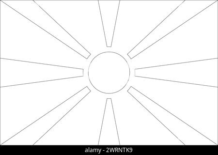 North Macedonia flag - thin black vector outline wireframe isolated on white background. Ready for colouring. Stock Vector