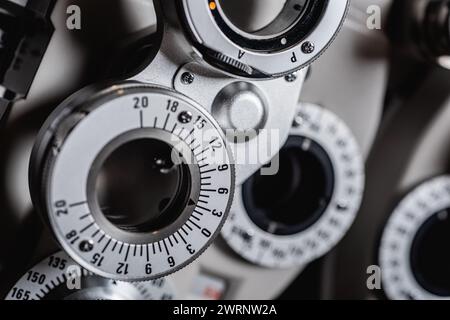 Opthalmic phoropter visual testing device used during eye exams Stock Photo